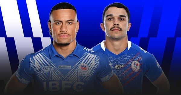 Samoa and France rugby league teams ahead of their Rugby League World Cup 2026 match at CommBank Stadium